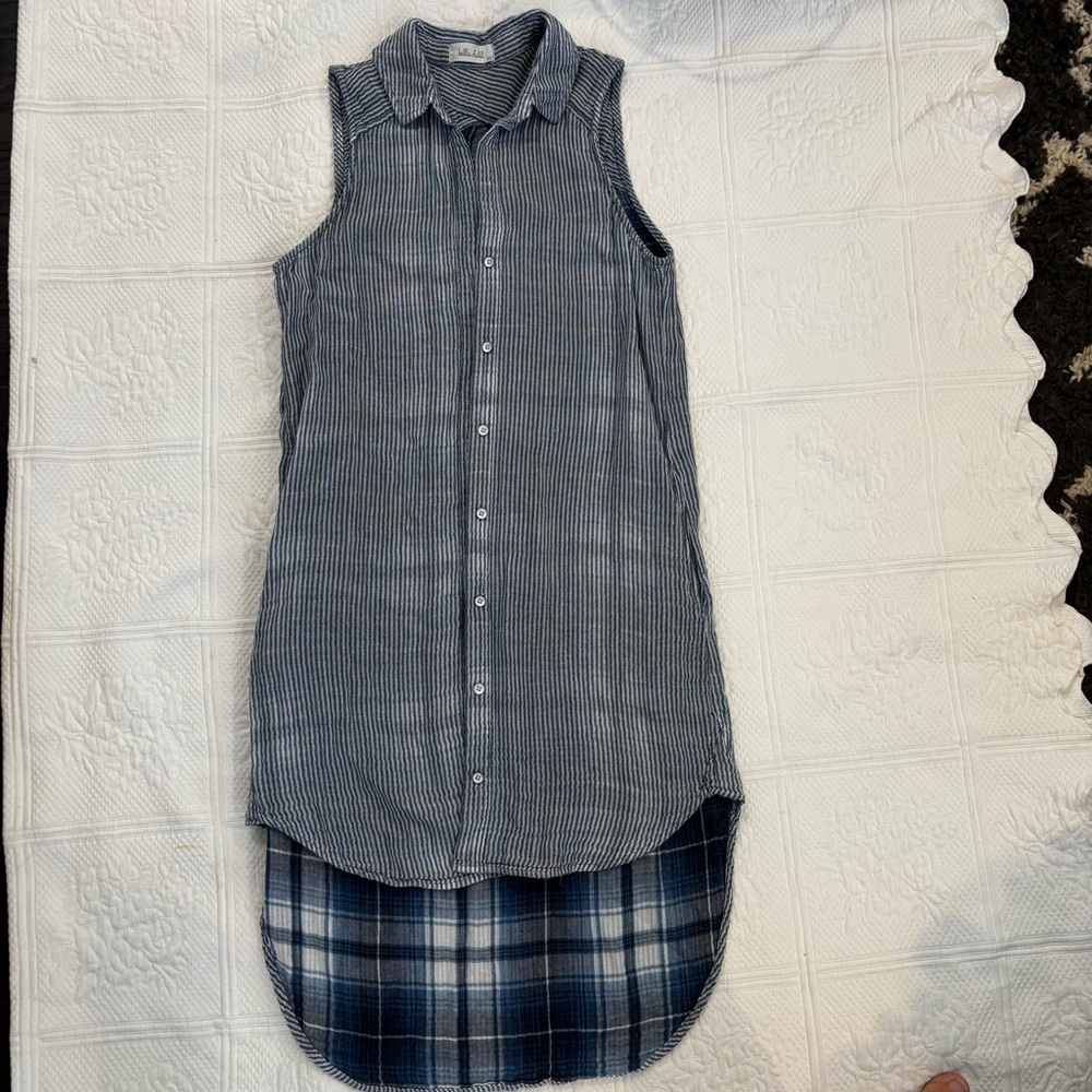 Bella Dahl Blue and White Striped Collared Sleeveless Button Down Shirt Dress